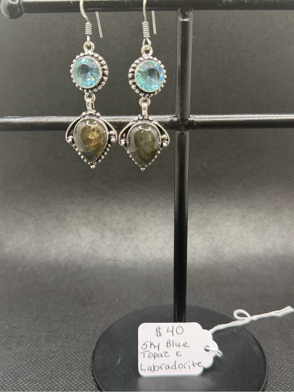 Blue Topaz & Labradorite Drop Earrings - 925 silver hooks